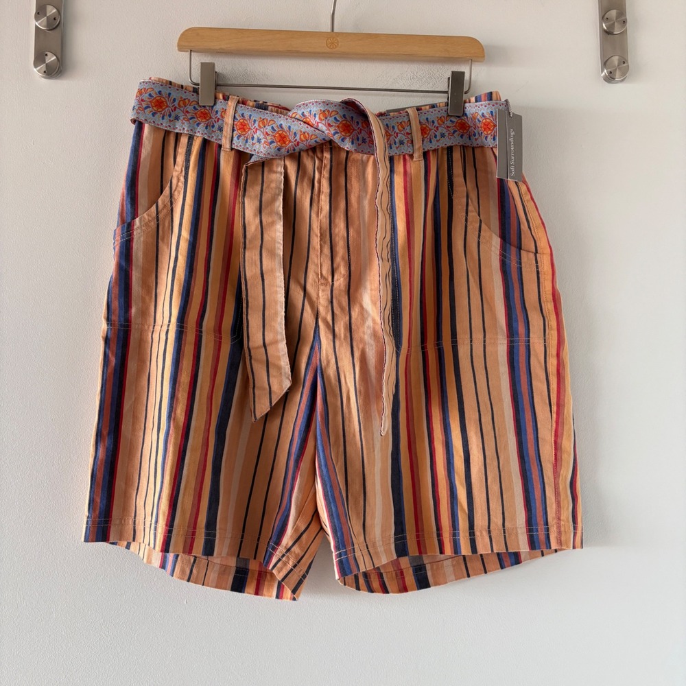 NWT Soft Surroundings Summer Breeze Striped Linen Blend Shorts Size L 14/16